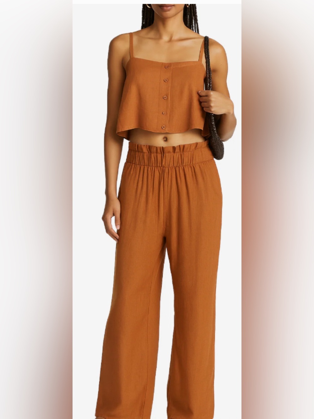 2 Pieces: WeWoreWhat Rust Linen Trapeze Tank Top & Paper Bag Pants Set-Small